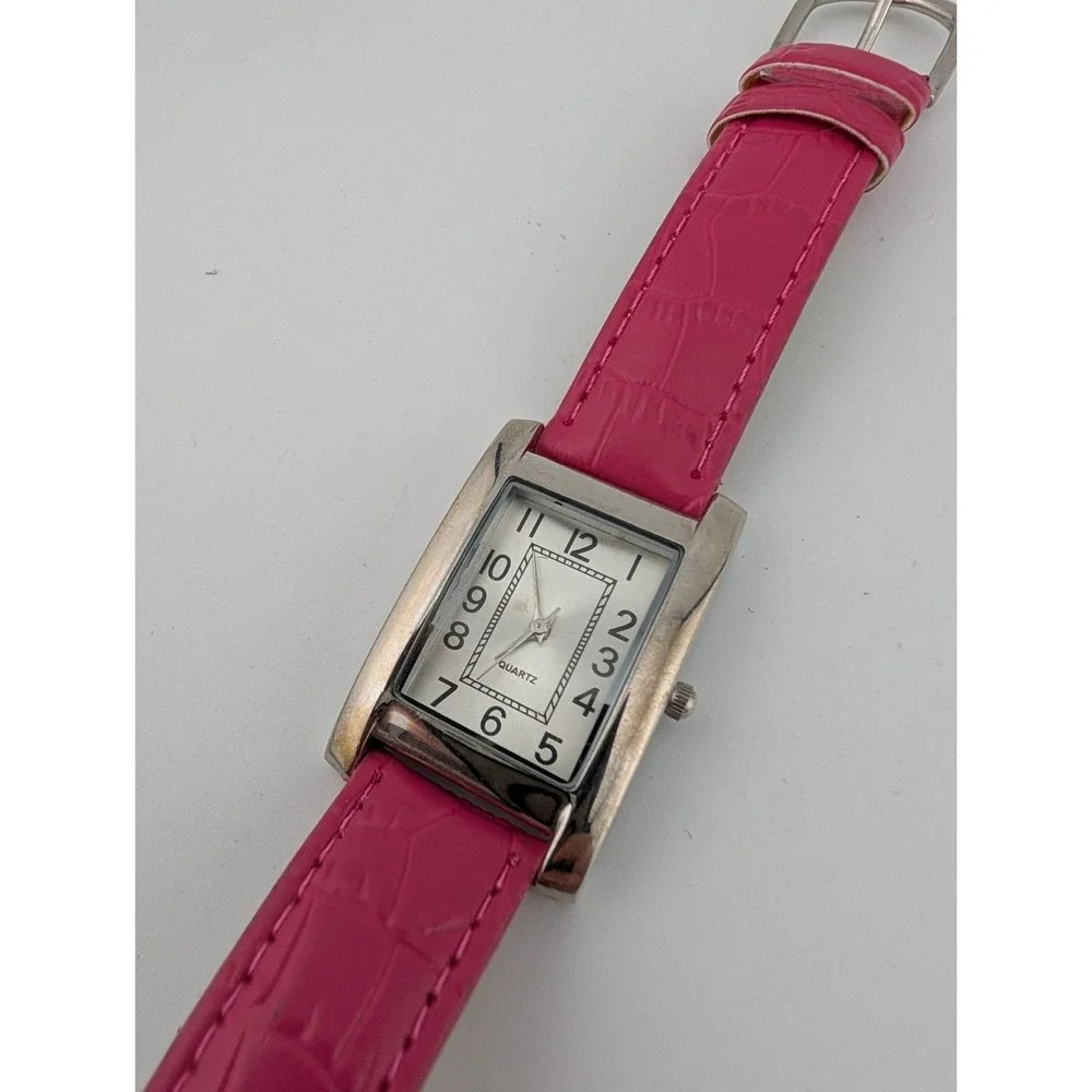 Women's Tank Watch 26mm‎ Silver Case Pink Faux Leather Band- New Battery